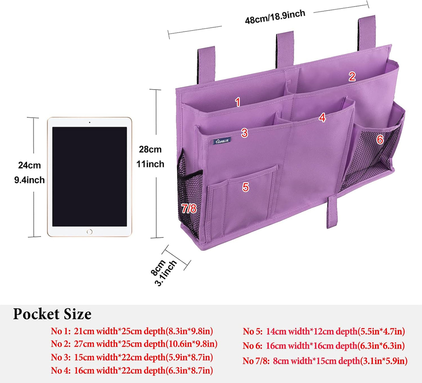 Surblue Caddy Hanging Organizer Bedside Storage Bag for Bunk and Hospital Beds, Purple, L