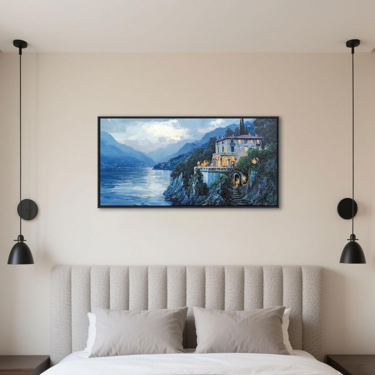 QZQCBLC Landscape Canvas Wall Art, Blue Mountains Lake Houses Green Trees Scenery Framed Paintings Artwork for Living room Bathroom Bedroom Home Office Wall Pictures Decor 20x40 IN