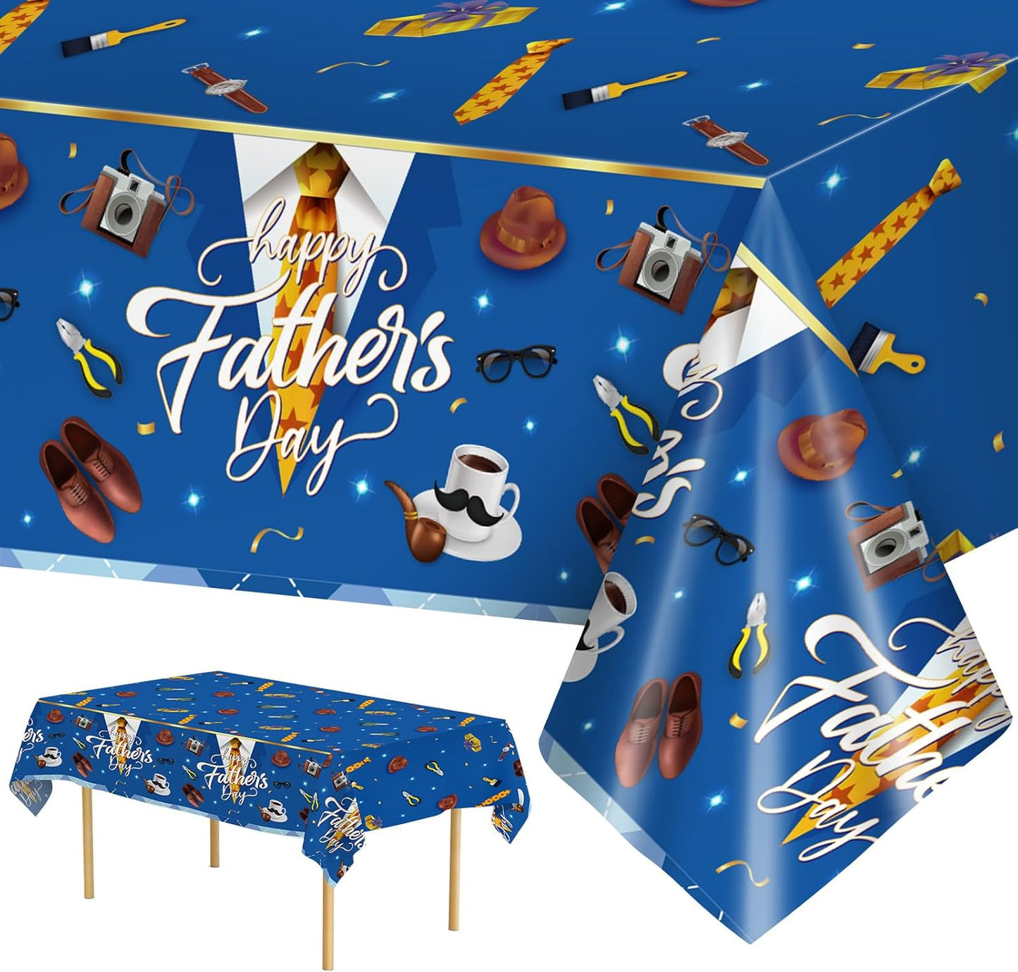 2 Pack Fathers Day Tablecloth - Happy Father's Day Table Cloth, Plastic Disposable Rectangle Blue Father Day Table Cover for Fathers Day Decorations Party Decor Supplies Favors,108 x 54 Inch