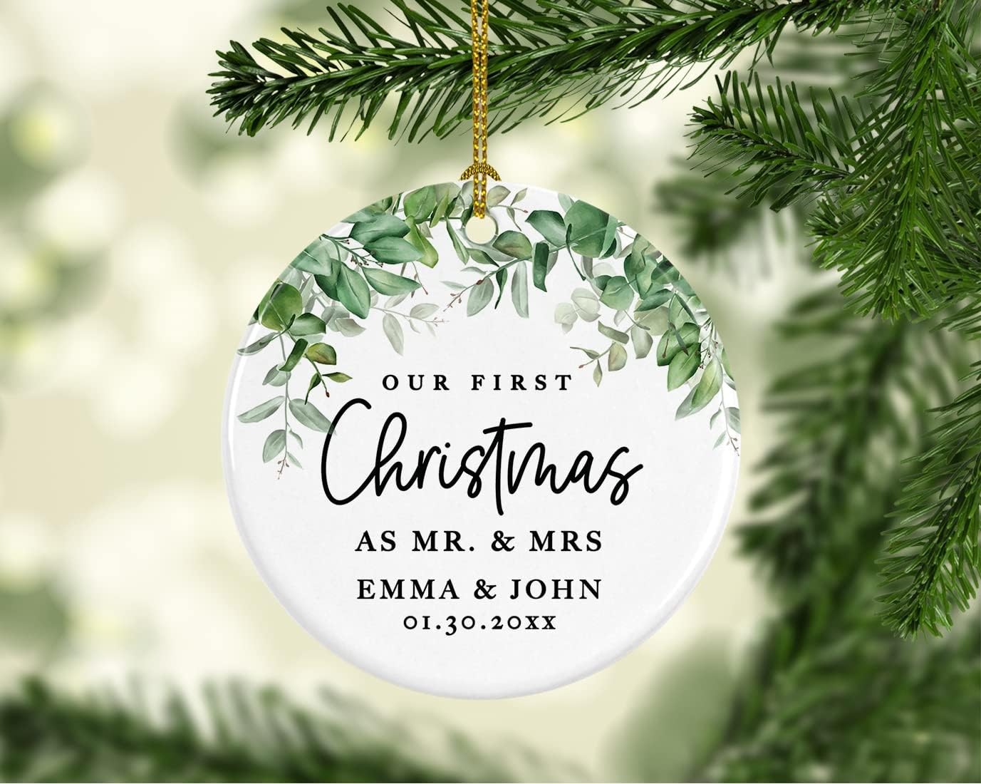 Andaz Press Personalized Our First Christmas As Mr. & Mrs. 2024 Christmas Ornaments Greenery 2.8" Round Porcelain Ceramic 1st Year Married Custom Ornament Keepsake for Newlyweds 1-Pack