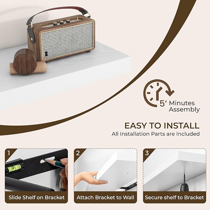 RICHFOCUS 16Inch Floating Shelves for Wall 2 Pack Shelves for Bedroom|Kitchen|Bathroom Wall Mounted Rustic Wood Floating Shelf with Invisible Brackets for Books|Storage|Decor, White