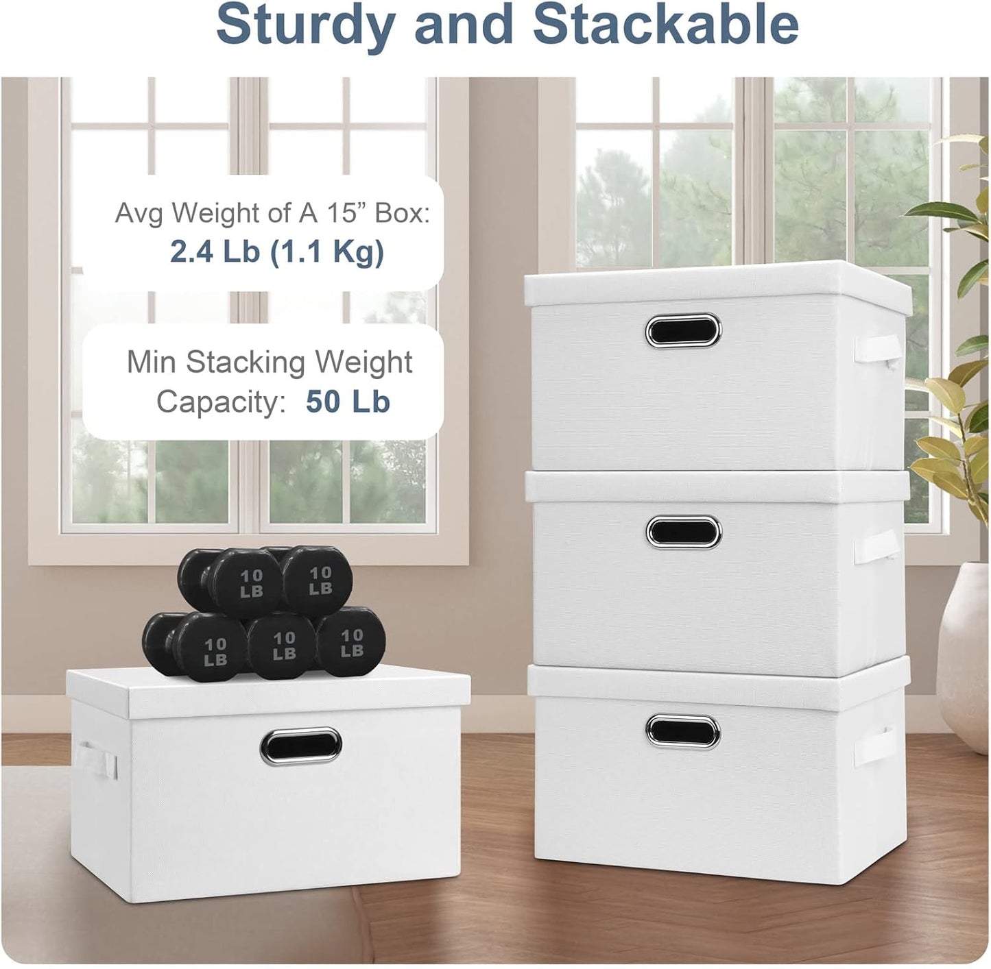 Medium 15" 21 Quart Collapsible Stackable Storage Bins with Lids, 1 Pack White Foldable Fabric Closet Storage Boxes with Lids, 4 Handles Heavy-duty Linen Cube Baskets for Bedroom