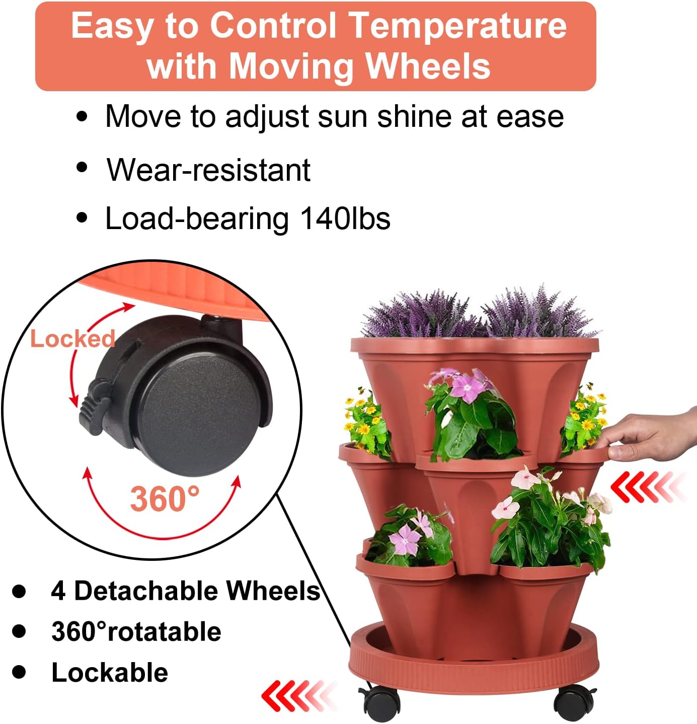 DUNCHATY Stackable Planters 3 Tier Vertical Garden Planting Tower Planters Strawberry, Herb, Flower, and Vegetable Planter Indoor Outdoor Gardening Pots with Removable Wheels and Tools, 2 Bundle