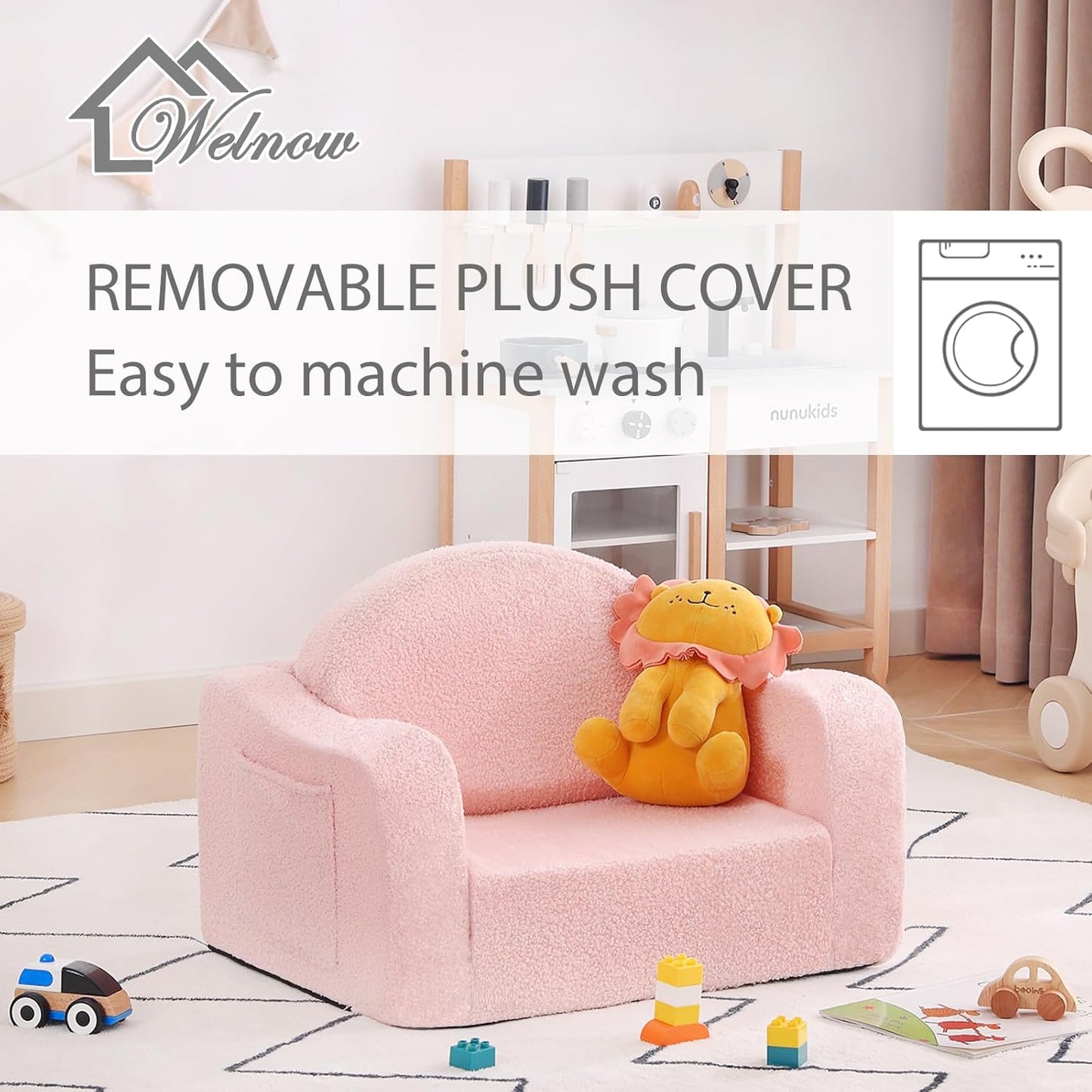 Welnow 2-in-1 Kids Sofa Chair, Convertible Toddler Chair Flip Out Children Sofa Chair with Wave Armrests Folding Kids Play Sofa with Side Pockets & Removable Cover Armchair for Girl or Boy