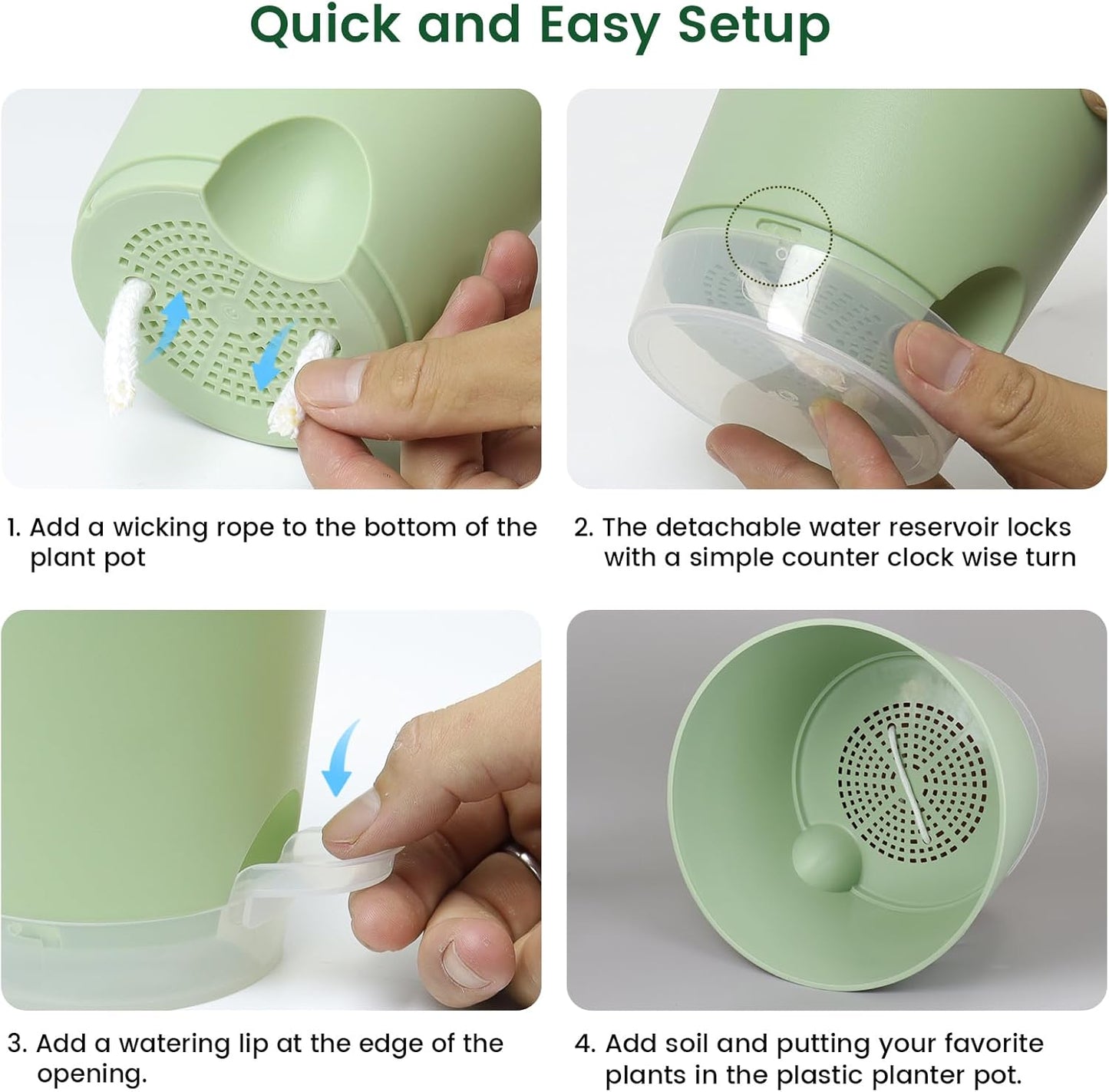 6 inch Self Watering Pots for Indoor Outdoor Plants, 6 Pack Flower Plant Pots with Drainage Holes and Clear Reservoirs, Visible Water Level, Plastic Planters with Wicking Rope, Green