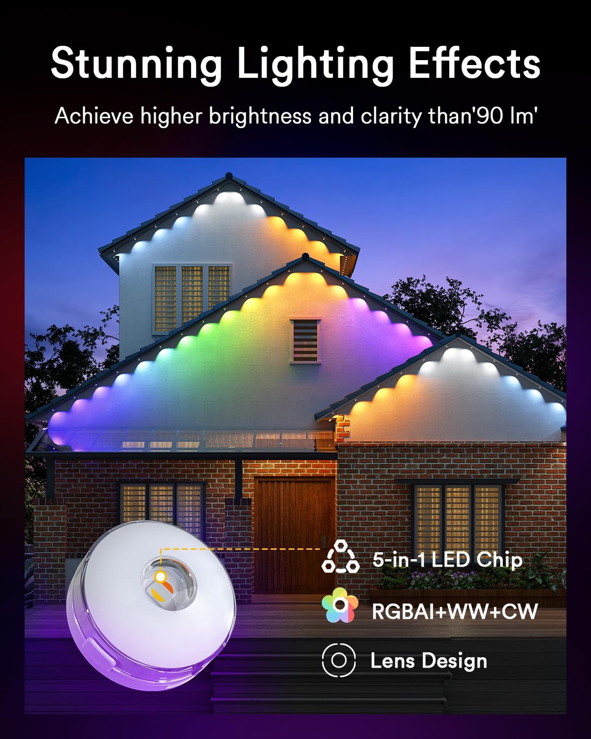 Lumary Permanent Outdoor Lights Max 53ft with 40 LED Eave Lights RGBAICW 2400LM, IP67 Waterproof, IC Control and Scene Modes for Halloween Christmas Decoration, Works with Alexa and Google Assistant