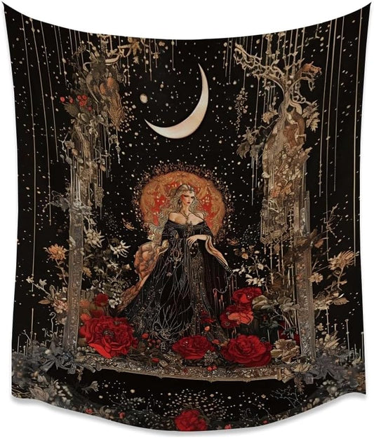 Dark Academia Moon Goddess Tapestry Gothic Fantasy Rose Wall Art Mystical Witchy Woman Print Victorian Artwork Aesthetic Tapestries Wall Hanging for Girls Room Bedroom Decor 40x60inch