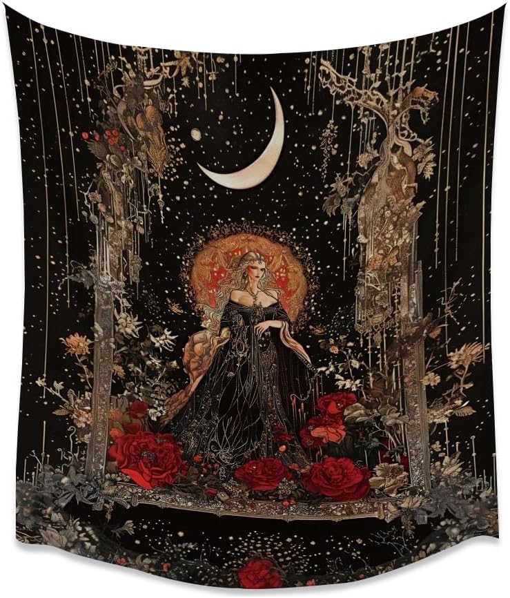 Dark Academia Moon Goddess Tapestry Gothic Fantasy Rose Wall Art Mystical Witchy Woman Print Victorian Artwork Aesthetic Tapestries Wall Hanging for Girls Room Bedroom Decor 30x40inch