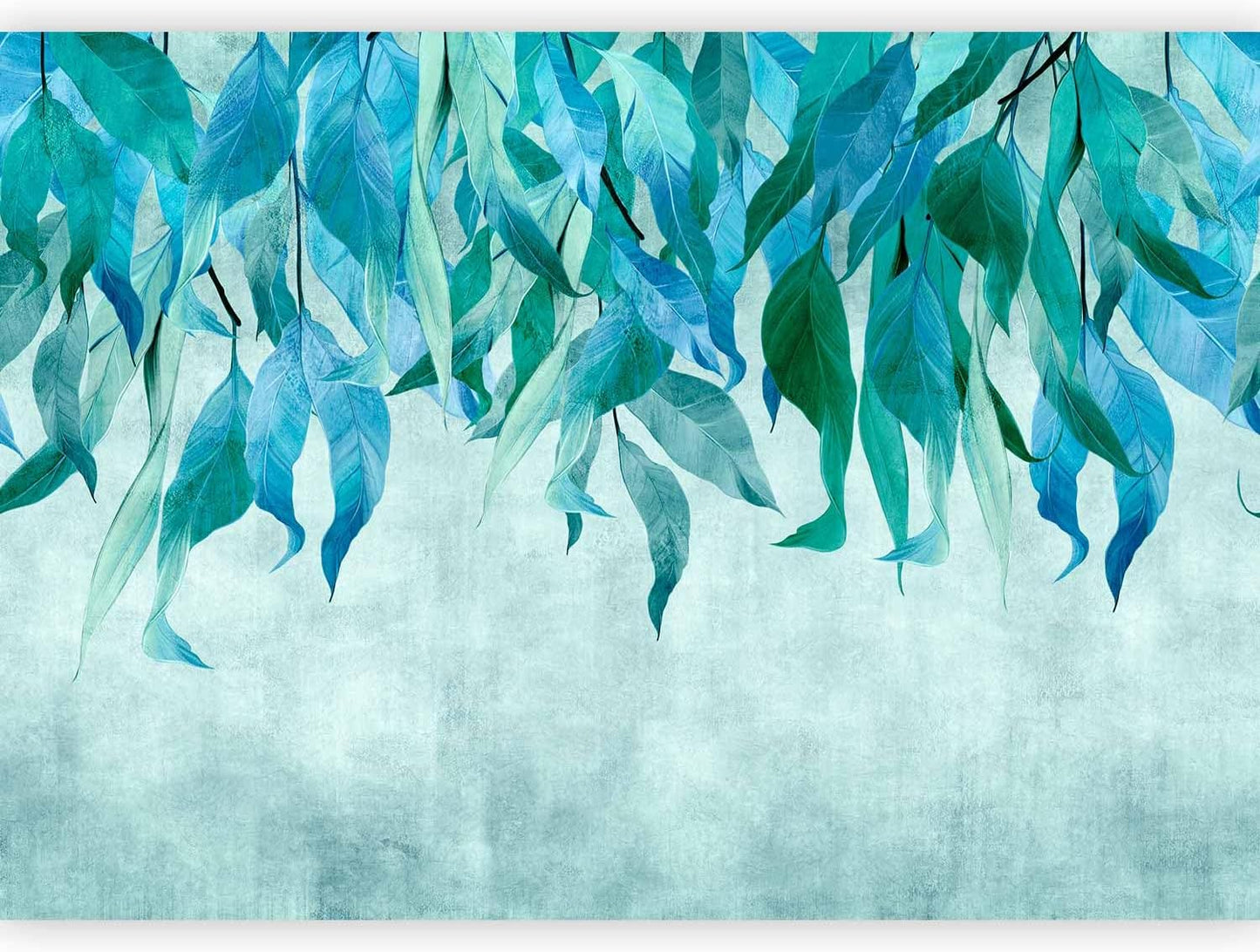 artgeist Wall Mural Hanging Leaves 118x83 in - Non-Woven Wallpaper Fleece Wall Decor Photo Print Picture Image Design Nature Botanical Concrete Green Blue b-C-10146-a-b