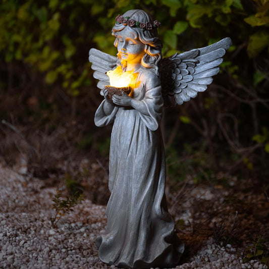 Angel Garden Statue Outdoor Decor, Angel Garden Figurine Hold Dove with Solar Lights Waterproof Resin Yard Art Decoration Lawn Ornament Sculpture for Outside Patio Yard Gift
