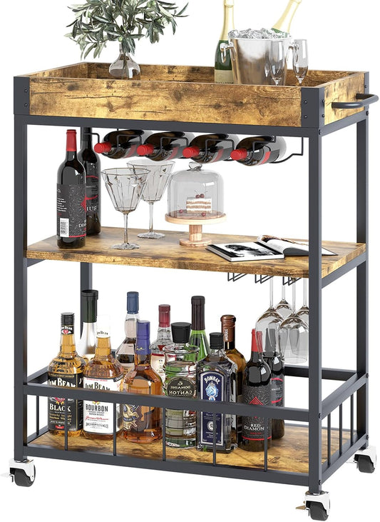 Bar Cart Serving Wine 3 Tier Home Rolling Rack with Wheels Mobile Kitchen Industrial Vintage Style Wood Metal Serving Trolley Serving Cart,Glass Holder Bar Cabinet
