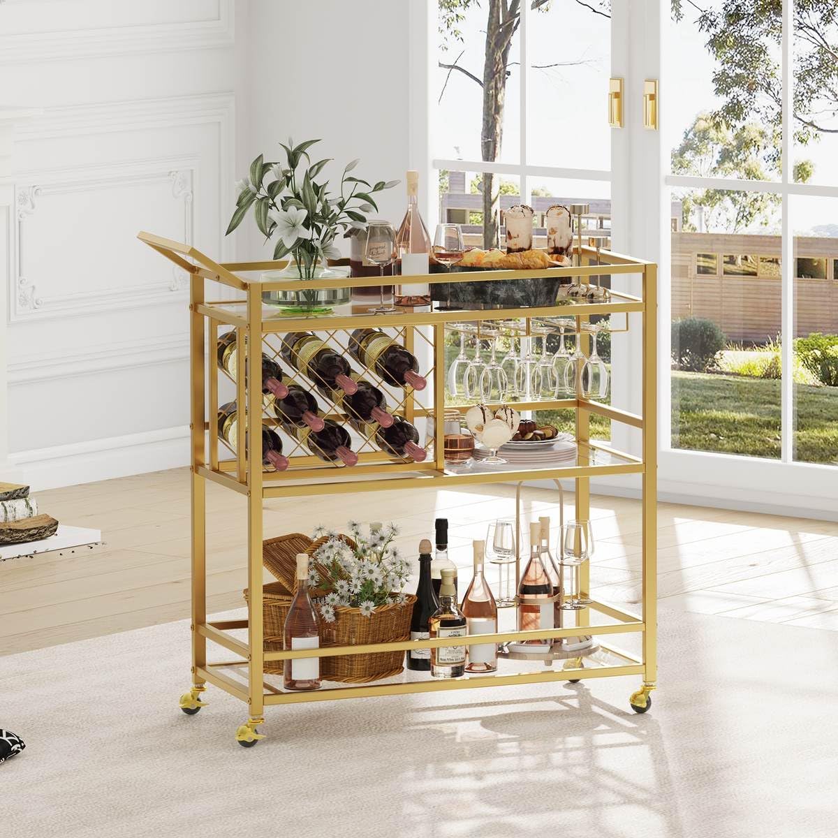 FATORRI Bar Cart Gold, Home Bar Serving Cart with Wine Rack and Glasses Holder, Wine Carts on Wheels with 3 Tier Mirrored Shelves for Liquor and Beverage (Gold)