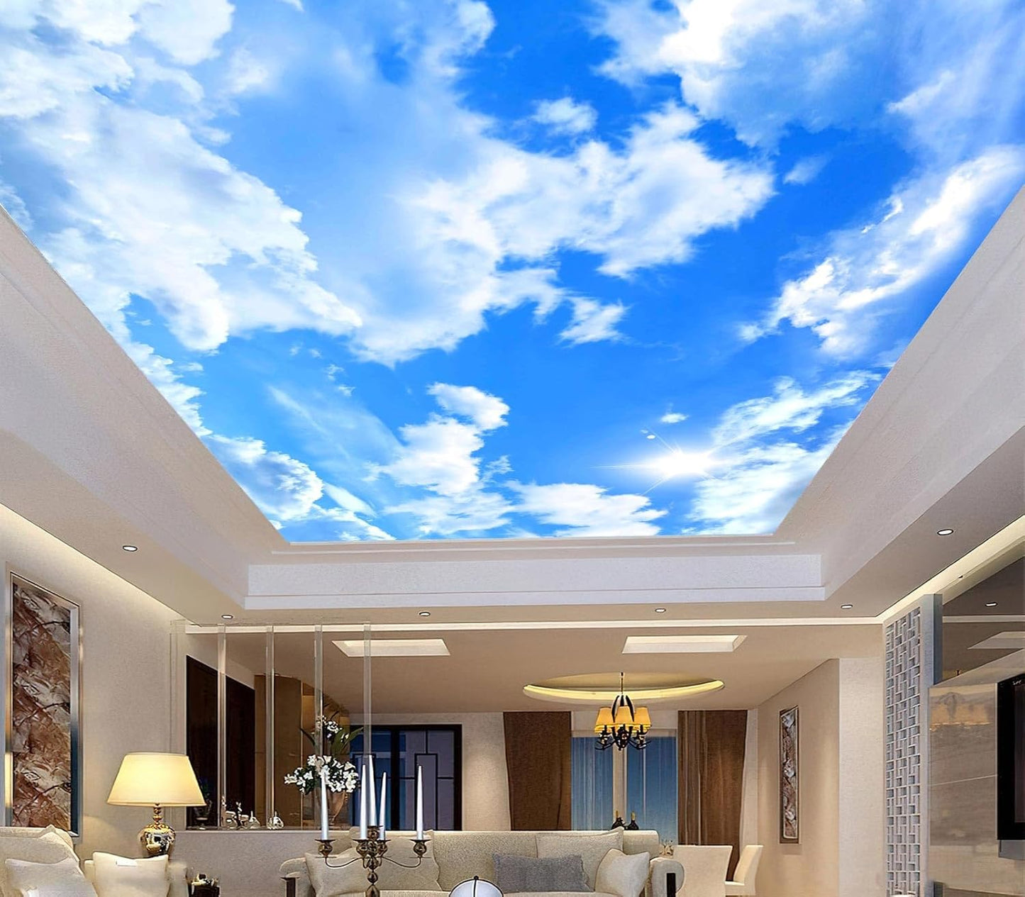 Blue Sky and White Clouds Suspended Ceiling Wall Mural Wallpaper for Bedroom 178" x 117"
