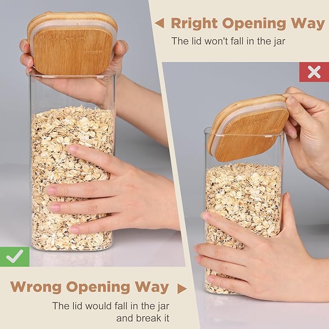 Glass Food Storage Jars Square 44oz, 3 Pack Glass Jars With Bamboo Lids, Kitchen Storage Containers For Spice, Candy, Cookie, Storage For Pantry Organizers