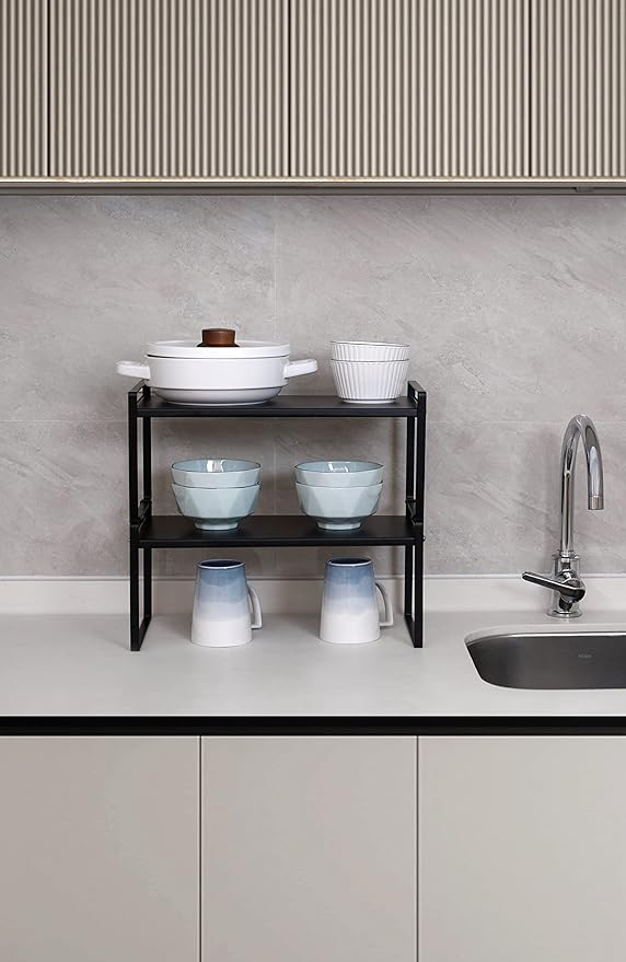 Nxconsu 2Pack Cabinet Shelves Stackable Shelf Organizer Rack Riser for Kitchen Cabinet Pantry Cupboard Counter Countertop Home Organization Storage Space Saver Heavy Duty Metal Nonslip Black Wide