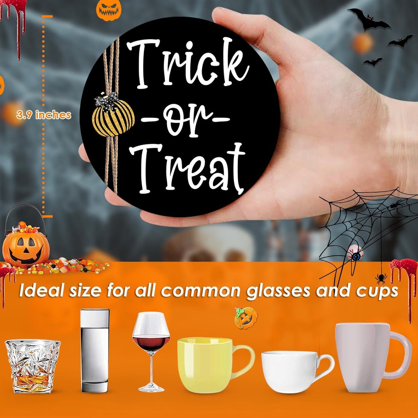 Coaster for Drinks Set of 6, Halloween Boo Black Cat Trick or Treat Spooky Pumpkin Bat Absorbent Round Ceramic Stone Mat, with Cork Base and Metal Holder, Gift for Housewarming Room Bar Decor