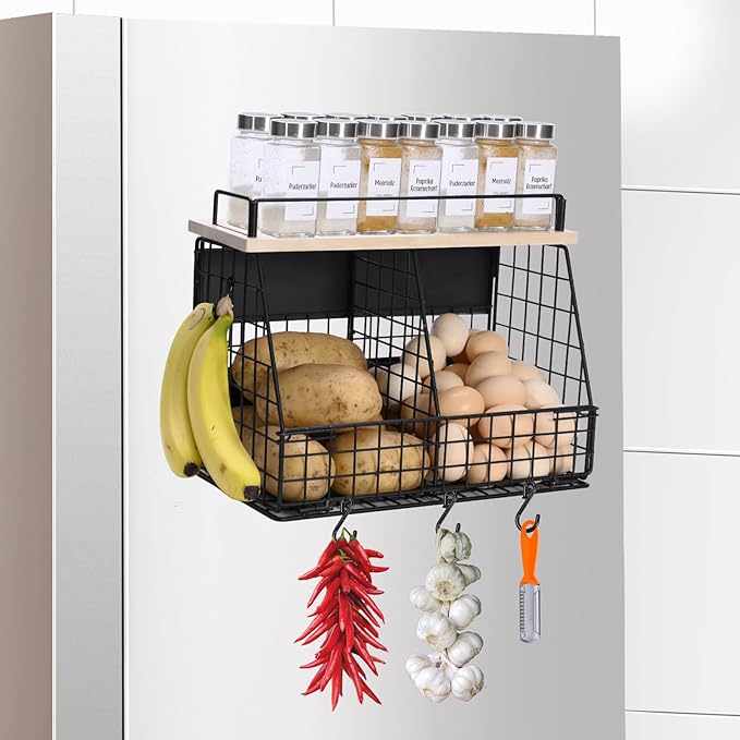 Large Magnetic Shelf for Fridge, Fruit and Vegetable Storage Wire Basket, Potato And Onion Storage Bin for Kitchen Organizers, Magnetic Spice Rack for Refrigerator, Kitchen Counter, RV and Laundry