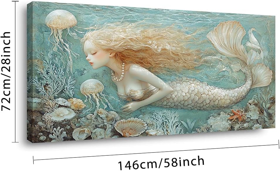 LASMOND Ocean Mermaid Wall Art for Girls Room Modern Canvas Prints Marine Organism Underwater World Sea Creatures Artwork Paintings Women Bedroom Wall Decor (58x28 Inches)