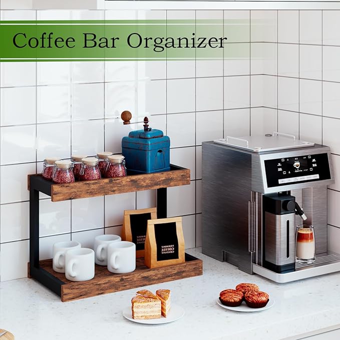 MARTY 2 Tier Spice Rack Organizer for Countertop, 15.8''L Coffee Station/Bathroom Organizer Countertop, Counter Shelf Desktop Storage Organizer for Kitchen, Bedroom, Office (Rustic Brown)