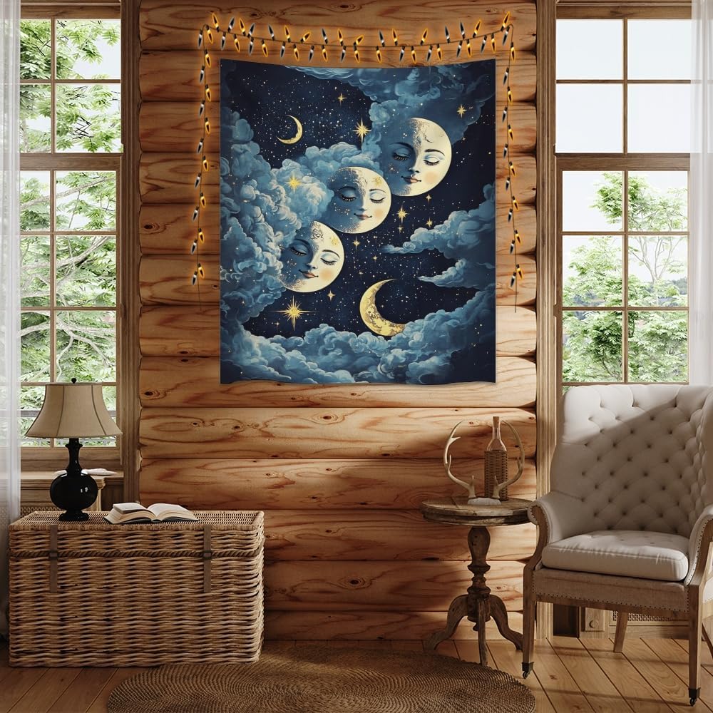Blue Moon Faces Tapestry Celestial Wall Art Dark Academia Aesthetic Print Stars Clouds Tapestries Wall Hanging whimsical Gothic Home Decor for Bedroom Living Room 60x80inch
