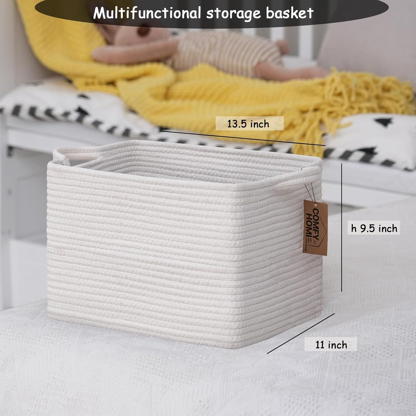 COMFY-HOMI Cotton Rope Woven Basket with Handles for Shelves,Toys,Book, Cloth Storage Baskets Bin for Organizing-13.5"x11"x9.5" Toy Decorative Organizer for Living Room, Bathroom-All White