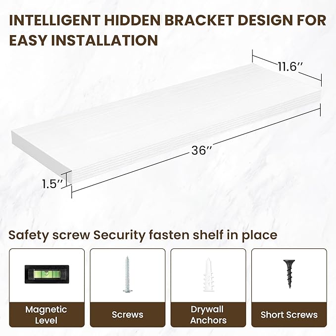 36 Inch Floating Shelves, 11.6 Inch Deep Floating Shelves for Wall, Floating Shelf with Invisible Brackets, Deep Shelves for Bathroom, Bedroom, Living Room, 2 Pack, White