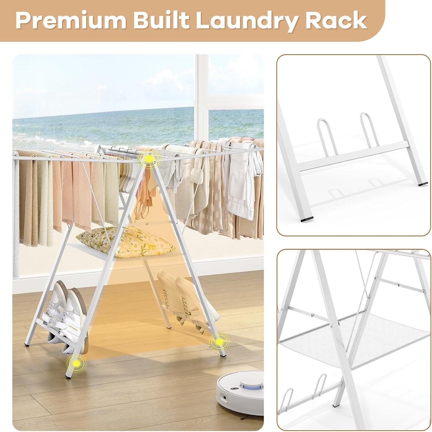 APEXCHASER Drying Rack for Clothing Foldable, Metal Laundry Rack Collapsible, Ultra Thin Gullwing Clothes Airer with Adjustable Height for Towel Baby Clothes Indoor Outdoor Laundry Room, White
