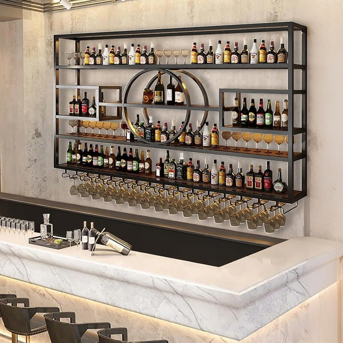 63in Wall Mounted Wine Rack, Modern Metal Wine Bottle and Glass Holder, Iron Display Stand Decorative Wine Rack, for Bar Living Room Dining Room Background (Black, 62.99 * 8 * 51INCH)