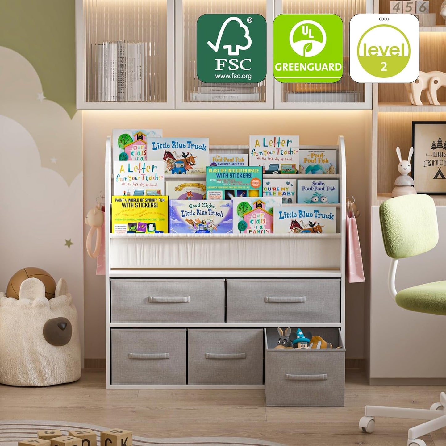 NACHES Kids Bookshelf and Toy Storage Bins, Children Bookcase Toddler Book Display Cabinet with 5 Toy Organizer Boxes for Playroom,Reading Room,Toddler Room,Nursery,Classroom