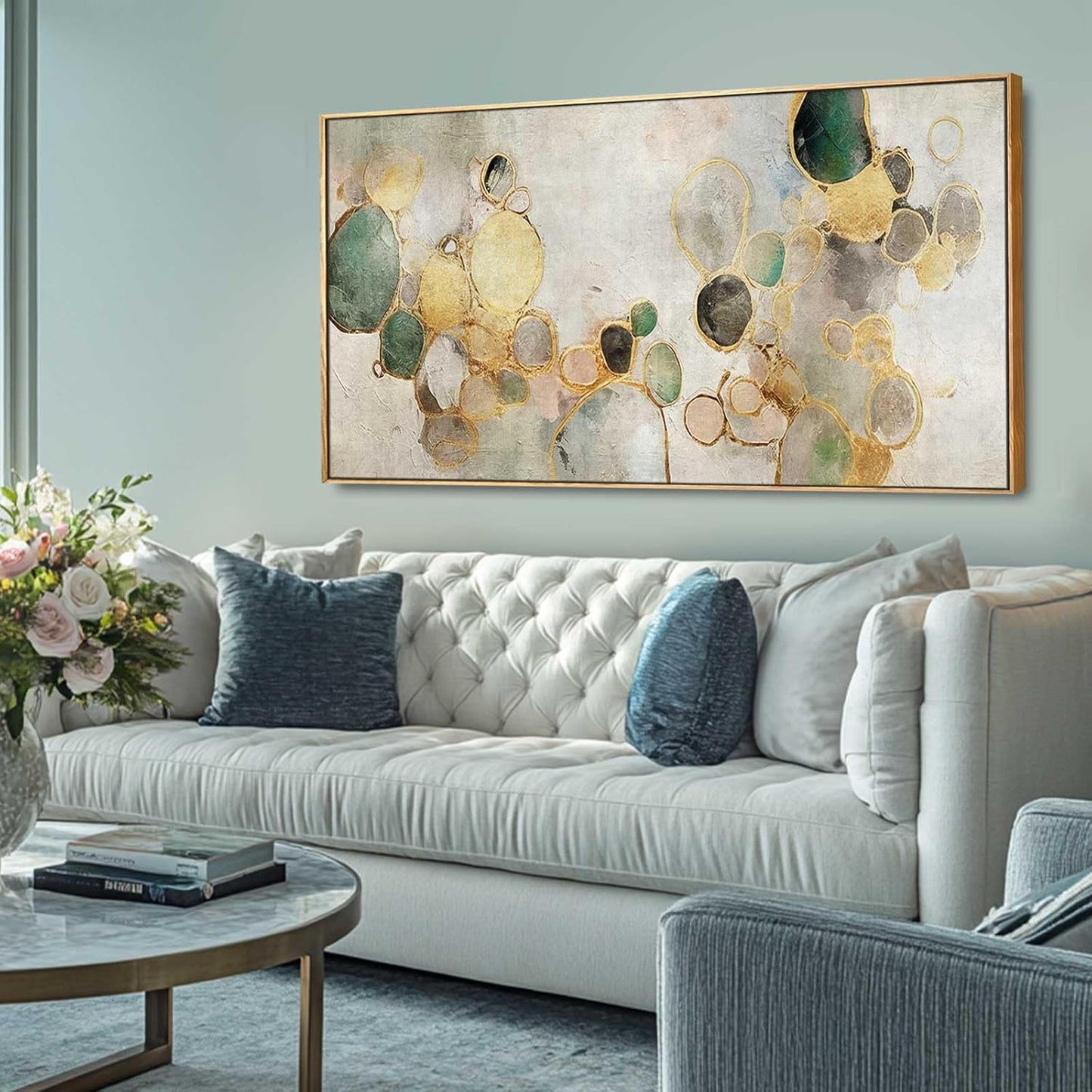 Gold Circle Modern Artwork Framed Abstract Wall Art Green Canvas Decor 24"x48" Wall Decorations for Bedroom Living Room Kitchen