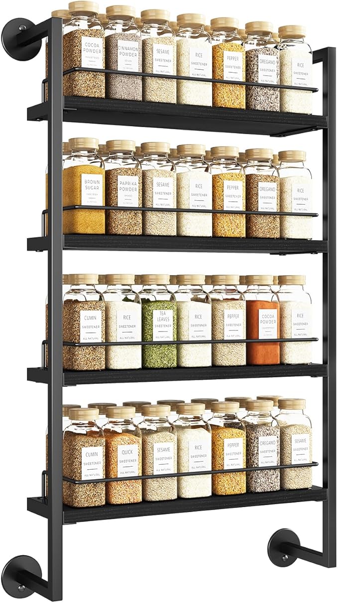 IBUYKE Spice Rack Wall Mount,4 Tier Hanging Seasoning Organizer, Spice Rack for Wall for up to 50 Jars,Spice Organization for Kitchen Cabinet,Living Room,Bathroom,Pantry,Black UTLJ016B