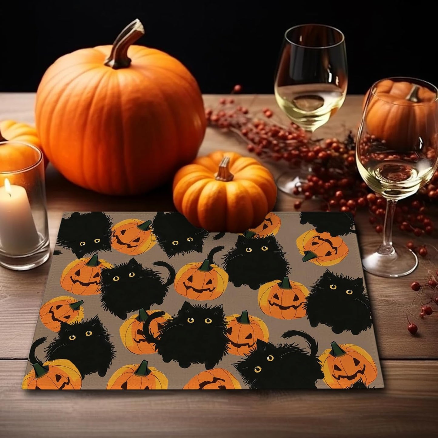 Halloween Placemats Cat Pumpkin Set of 4 Table Mats Seasonal Cute Home Party Kitchen Dining Table Decorations