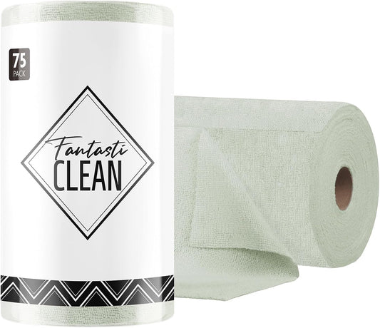 Fantasticlean Microfiber Cleaning Cloth Roll -75 Pack, Tear Away Microfiber Towels, 12" x 12", Reusable, Washable, Scratch Free, Ultra Absorbent Dish Rags for Car, Home, Garage or Shop (Moss Green)