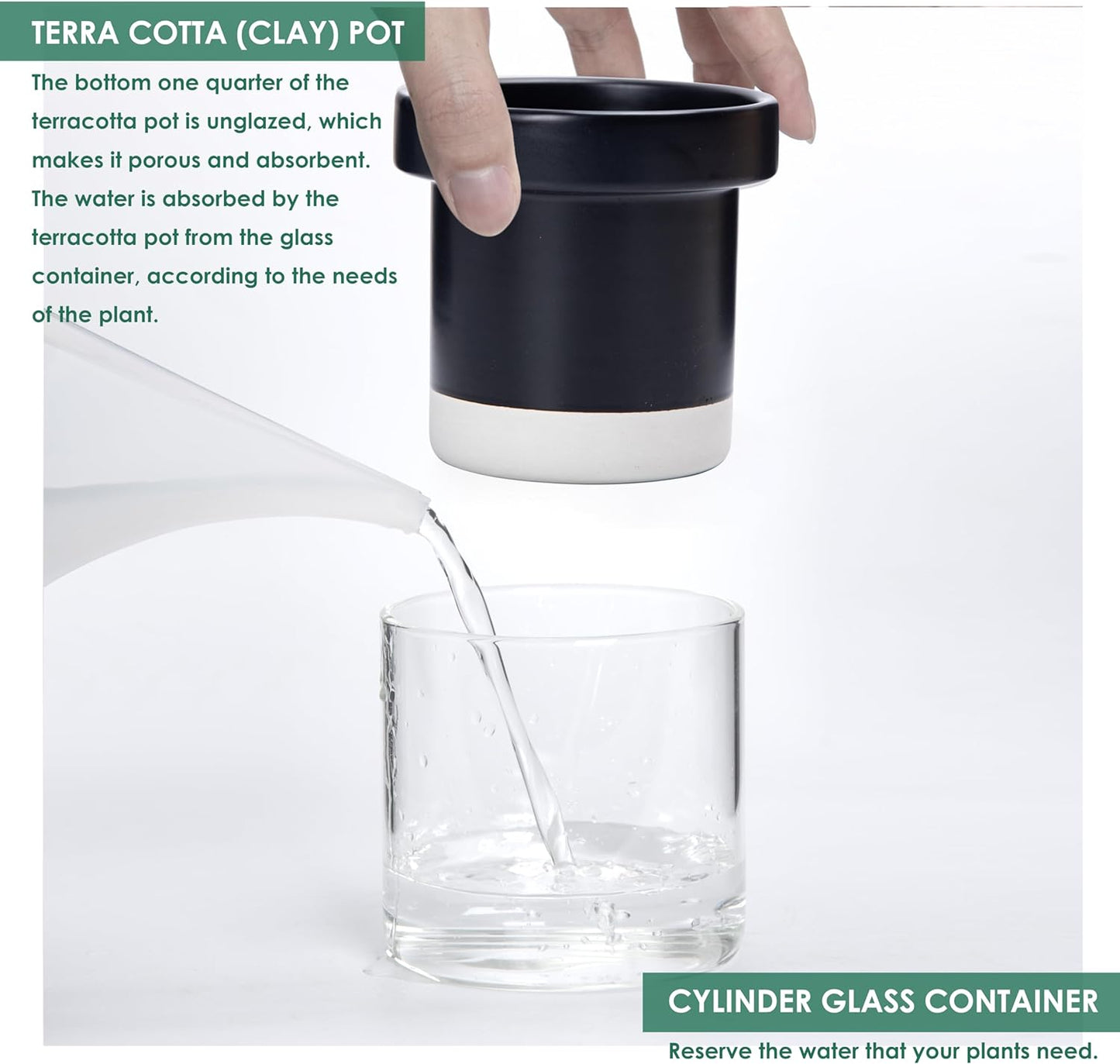 Phoenix Vine 4 Inch Self Watering Planter Pot, Black Terracotta Clay Pot with Glass Reservoir for Indoor Plants, Herbs, Flowers, Set of 3, 52-C-E-3