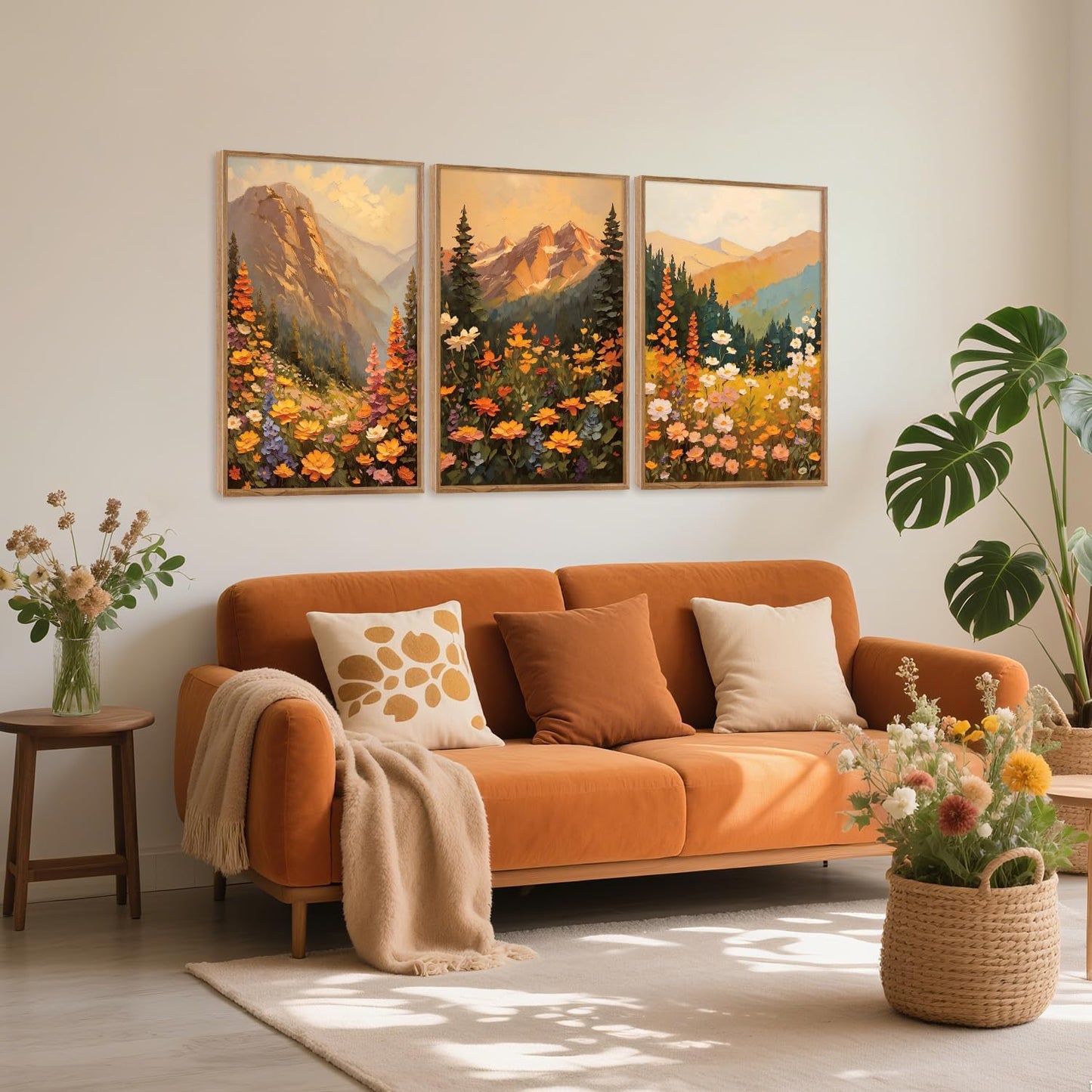 Aurlan Boho Mountain Sunset Landscape Framed Wall Art(16"x24"), 3PCS Large Wildflowers Meadow Canvas Artwork, Colorful Abstract Watercolor Nature Forest Scenery Decor for Home Office Bedroom