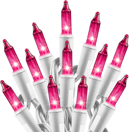 Christmas Pink Mini String Lights - 100 Count 25 Feet Detachable Incandescent Bulb Waterproof Fairy Lights Plug in for Indoor Outdoor Party Patio Xmas Tree Valentine's Day Decoration, White Wire