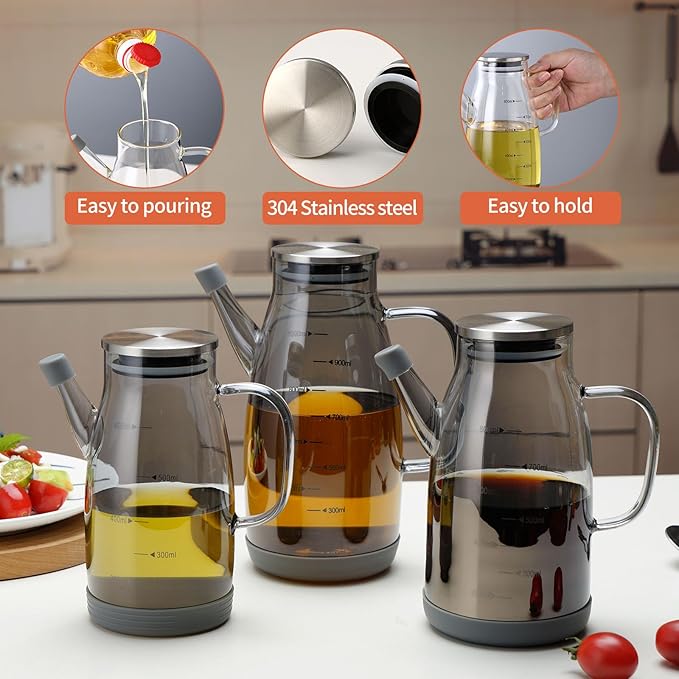 Large Glass Oil Dispenser Bottle for Kitchen Cooking Recipiente Para Aceite De Cocina Olive Oil Vinegar Dispenser Cruet Stainless Steel Lid No Drip Liquid Container (Grey, 34oz /1000ml)