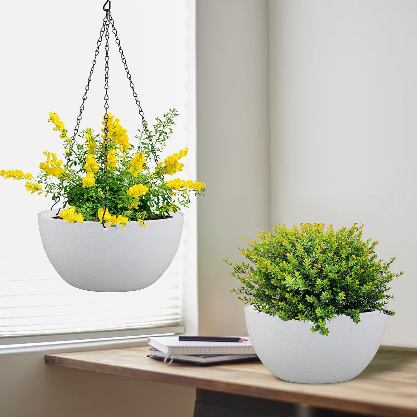 8 inch Small Hanging Planters for Indoor Outdoor Plants, 2 Pack Hanging Flower Pots with Drainage Holes and Chain for Garden Porch Plants, Plastic Hanging Baskets for House Plants, White