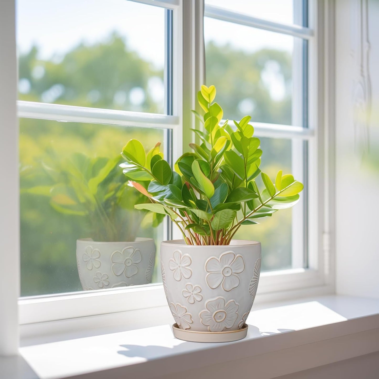 6.9 Inch Plant Pot with Drainage Hole and Saucer Ceramic Planter for Indoor Plant Flower Pot for Orchid Succulents Plants White