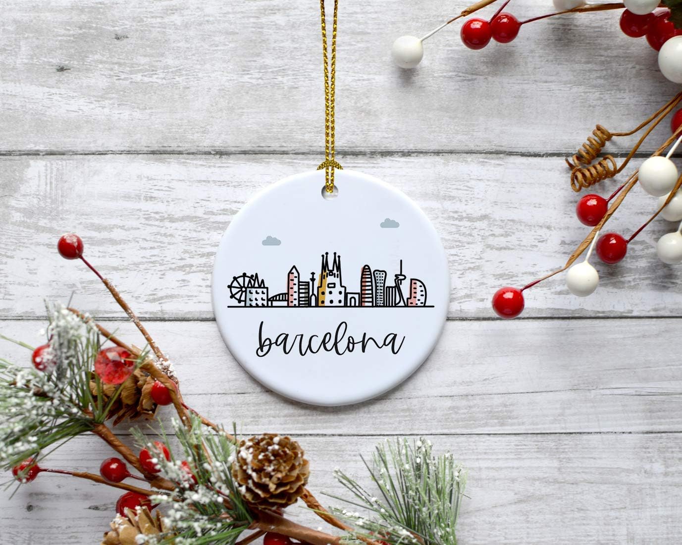 Andaz Press Round Ceramic Porcelain Christmas Tree Ornament Keepsake Gift, Barcelona, Colorful International City Skyline Graphic 1-Pack Birthday Family Coworker, Gift Box Barcelona Christmas Ornament