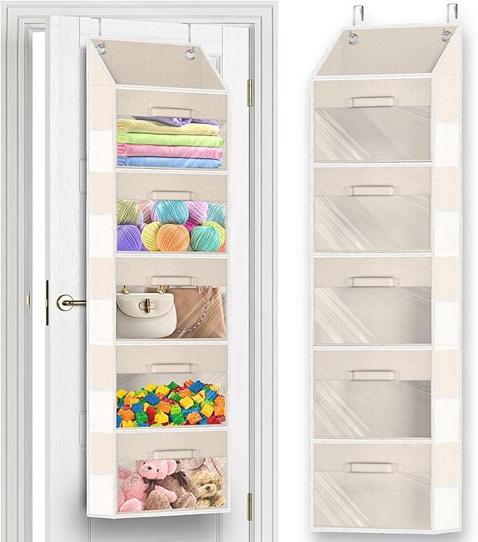Over the Door Organizer with Drawers, 5 Tier Hanging Storage with Removable Bins & 10 Side Pockets, Over Door Closet Organizer for Baby Items, Yarn, Bed Sheets, Clothes, Toys, Towels – Beige