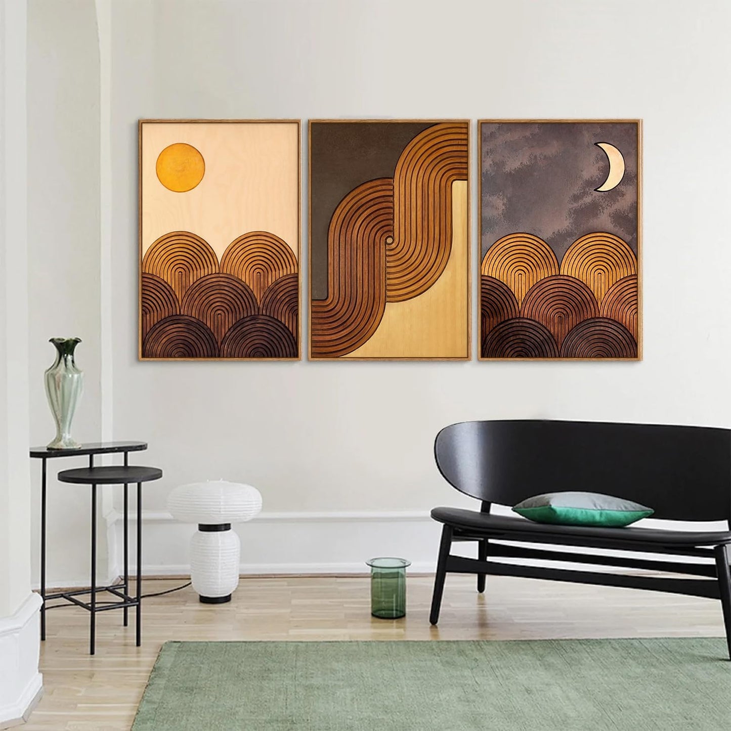 Tinonedraw Boho Mountain Framed Canvas Wall Art Set, Mid Century Modern Geometric Line Wall Decor, Bohemian Sun and Moon Art Paintings, Beige Brown Wooden Artwork for Living Room Bedroom Office 16"x24"x3