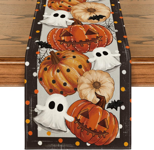 Artoid Mode Jack-O'-Lantern Pumpkin Ghost Spider Web Halloween Table Runner,Holiday Kitchen Dining Table Decoration for Home Party Decor 13 x 90 Inch