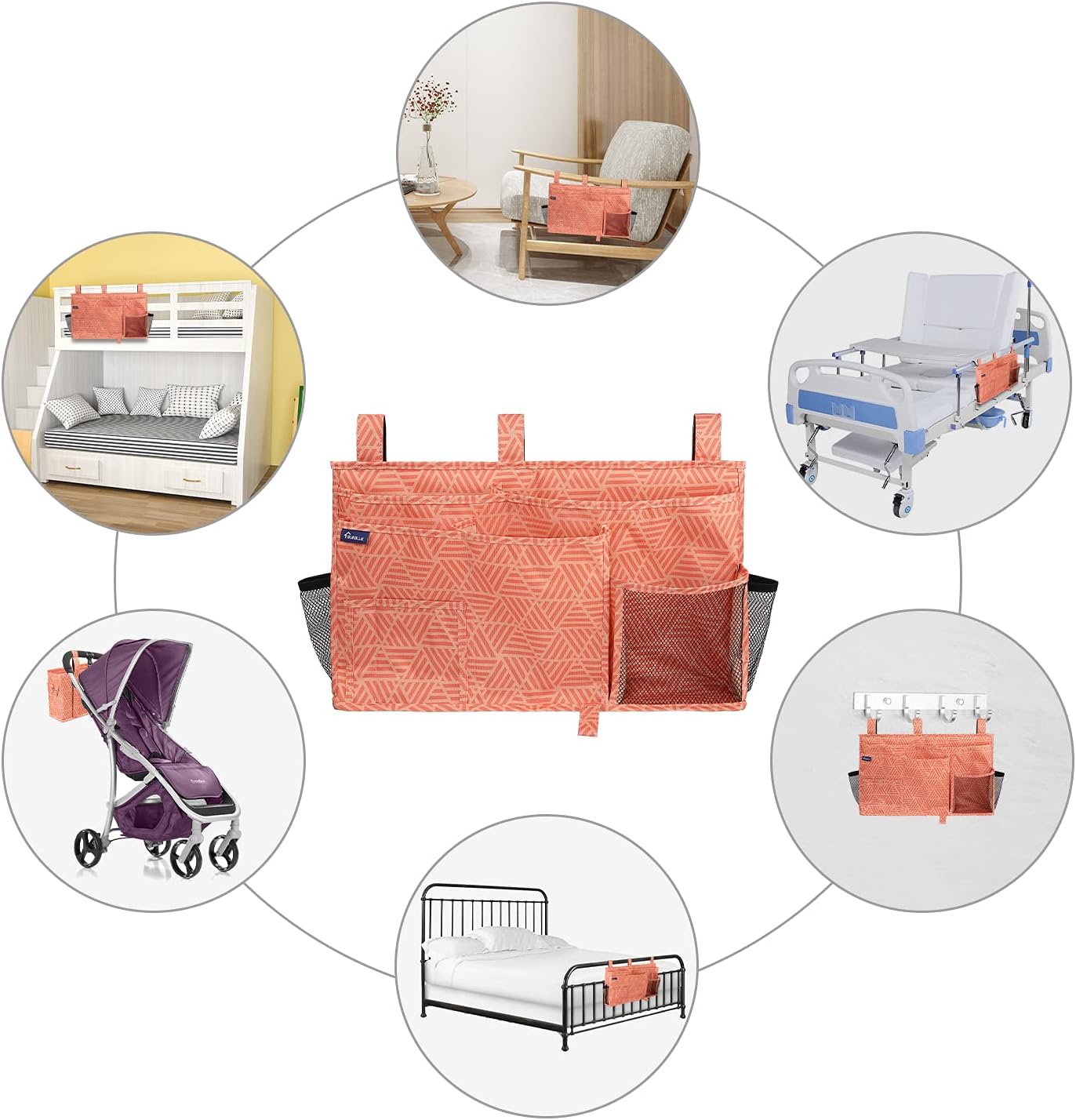 Surblue Bedside Caddy Hanging Organizer Storage Bag Pocket for Bunk, Hospital, College Dorm Rooms, Baby Bed Rails, Camp (8 Pockets), Orange Plaid