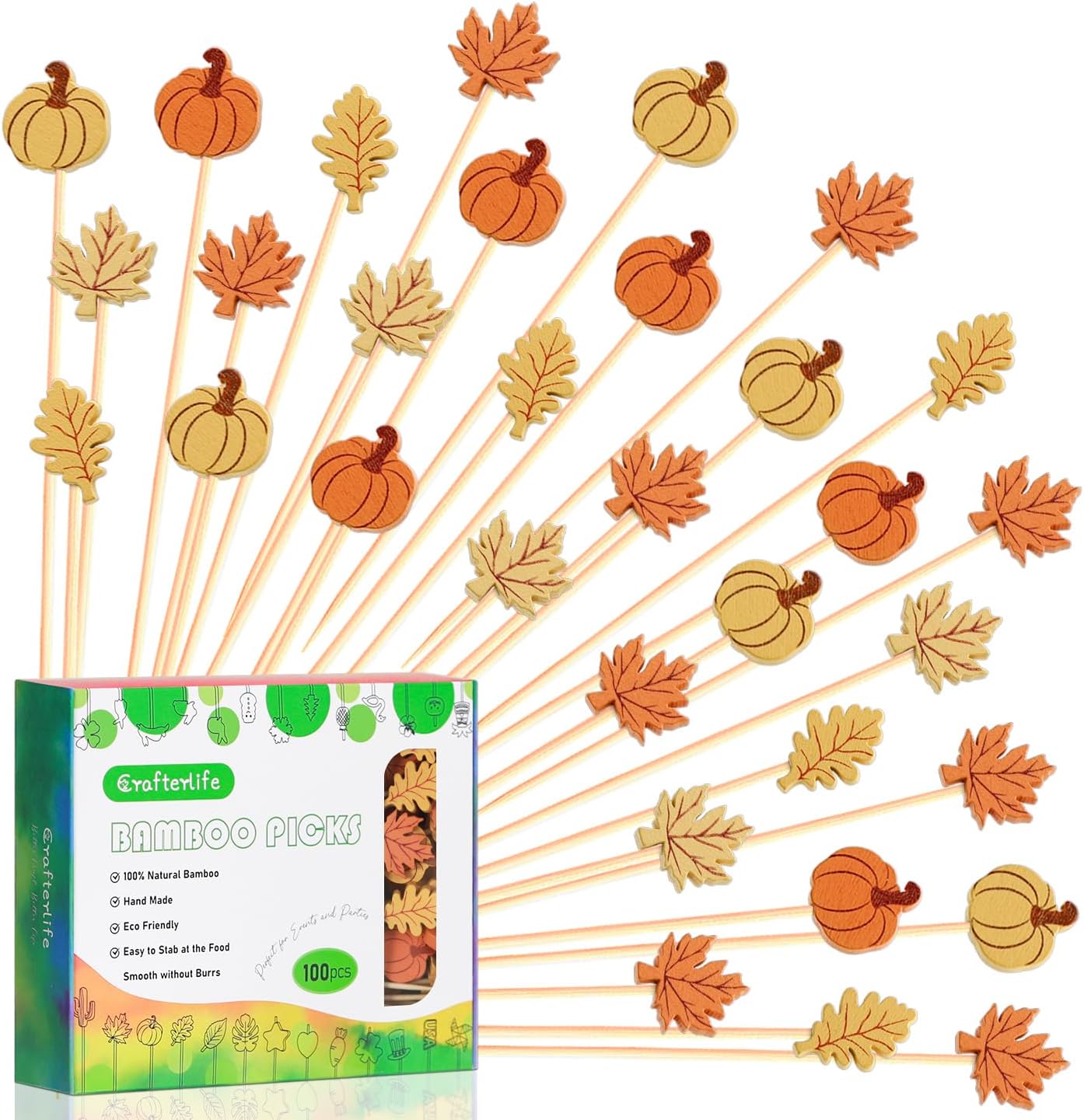 Fall Cocktail Picks Pumpkin Maple Leaf Assorted Autumn Theme Toothpicks Fruit Drinks Dessert Sticks Food Sandwich Appetizer Charcuterie Skewers, for Thanksgiving Decorations Party Supplies (100)