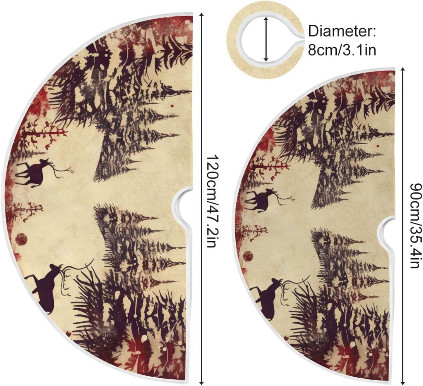 Vintage Red Elk Christmas Tree Skirt - 36 Inch Xmas Tree Mat for New Year Party Decorations