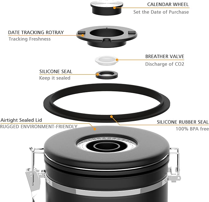 35OZ Coffee Canister for ground coffee with Date Tracker,Wood grain lid 304 Stainless Steel Kitchen Food Airtight storage container for Coffee Beans or Grounds, Tea, Sugar(35oz-grain)
