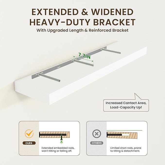 White Floating Shelves for Wall - 55 Inch Wide x 12 Inch Deep Wall Shelves Set of 1 - Rustic White Wood Shelves for Living Room, Bathroom, Laundry Room, Bedroom, Kitchen, Home Office