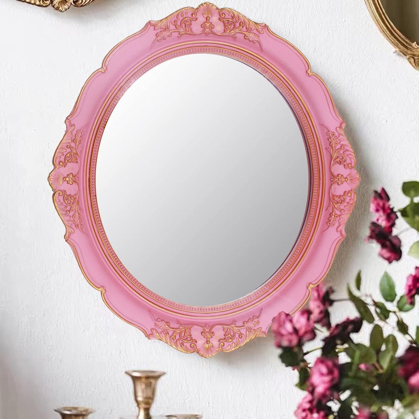 Vintage Decorative Wall Mirror 14.8 x 13.1 Inch Oval Mirror（Pink）