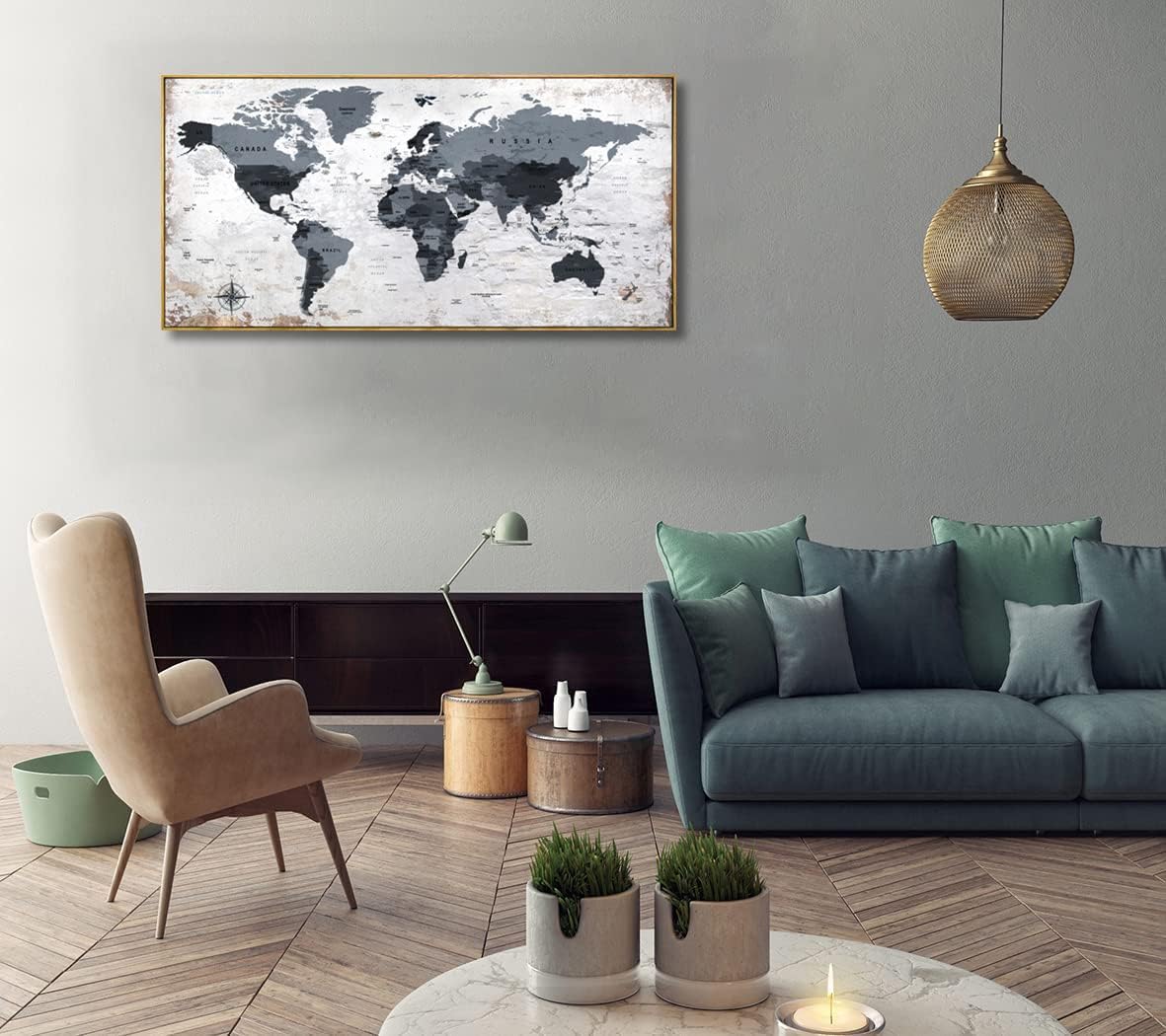 Framed wall art World Map Wall Art Canvas Picture 24inchx48inch Large Black and white Map of The World Canvas Painting Artwork Prints for Office Wall Decor Home Living Room Decorations Framed Ready to